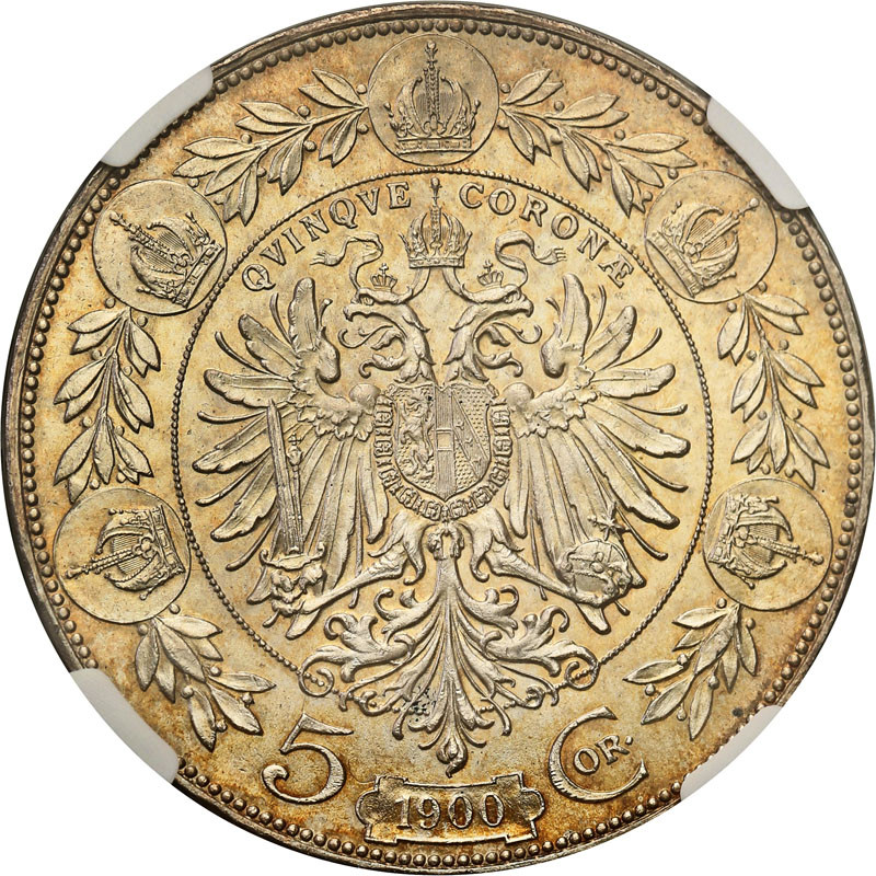 Austria, Franciszek Józef. 5 koron 1900, Wiedeń NGC MS63+ - Piękne